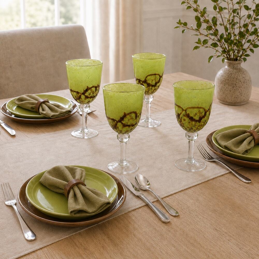 Vintage Hand Blown Lime Green Brown Swirl Art Glass Goblets Set of 4 15Oz